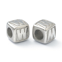 304 Stainless Steel European Beads, Large Hole Beads, Horizontal Hole, Cube with Letter, Stainless Steel Color, Letter.W, 8x8x8mm, Hole: 4mm(STAS-H145-01W-P)