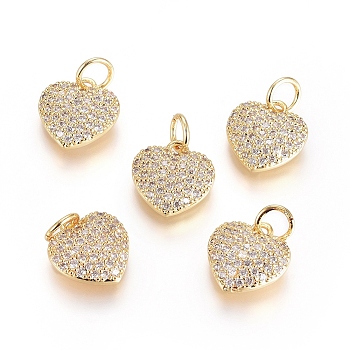 Brass Micro Pave Cubic Zirconia Pendants, with Jump Ring, Long-Lasting Plated, Heart, Clear, Real 18K Gold Plated, 10.5x10x2.5mm, Hole: 3mm