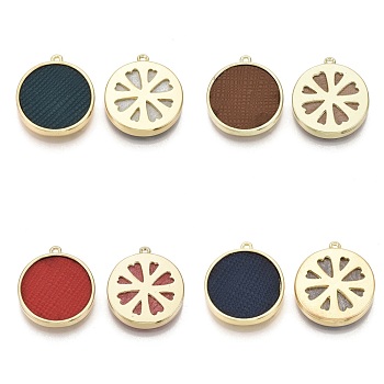 Alloy Pendants, with Imitation Leather, Flat Round, Light Gold, Mixed Color, 22x20x3mm, Hole: 1.2mm