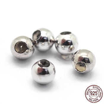Rhodium Plated 925 Sterling Silver Stopper Beads, with Rubber inside, Round, Platinum, 4mm, Hole: 0.8mm