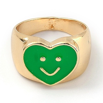 Alloy Enamel Finger Rings, Heart with Smiling Face, Light Gold, Green, US Size 6(16.5mm)
