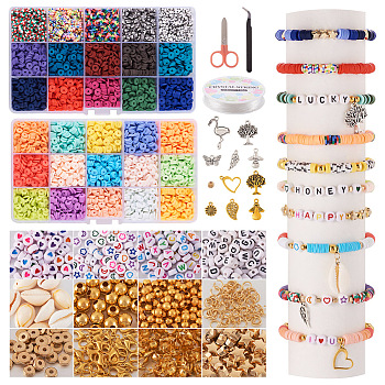 DIY Preppy Bracelet Making Kit, Including Polymer Clay Disc & Acrylic Letter & Plastic Star & Natural Shell Beads, Heart & Leaf & Angel & Flamingo Alloy Pendants, Tweezers, Scissor, Mixed Color