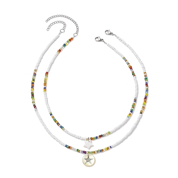 2Pcs 2 Style Natural Shell Star Pendant Necklaces Set, Glass Seed Beaded Stackable Necklaces for Women, Mixed Color, 15.12~17.56 inch(38.2~44.6cm), 1Pc/style
