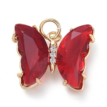 Brass Micro Pave Clear Cubic Zirconia Pendant, with Glass, Butterfly, Golden, Red, 18mm