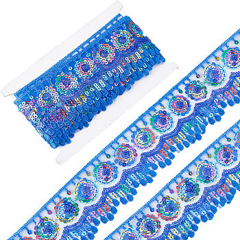 4~4.5M Ethnic Style Polyester Lace Trim with Colorful Paillette, Sparkle Embroidery Lace Ribbon, Sun Pattern, with 1Pc Thread Bobbins White Cards, Medium Blue, 2-3/8 inch(60mm)