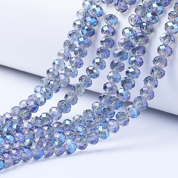 Electroplate Transparent Glass Beads Strands, Full Rainbow Plated, Faceted, Rondelle, Cornflower Blue, 4x3mm, Hole: 0.4mm, about 123~127pcs/strand, 16.5~16.9 inch(42~43cm)