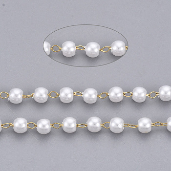Handmade ABS Plastic Imitation Pearl Beaded Chains, Soldered, with 304 Stainless Steel Chain and Spool, Creamy White, Golden, Link: 2.5x1.5x0.3mm, about 65.61 Feet(20m)/roll