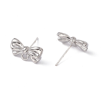 Rack Plating Alloy Stud Earring Findings, with 925 Sterling Silver Pins and Horizontal Loops, Cadmium Free & Lead Free, Bowknot, Platinum, 8x14.5x3mm, Hole: 1.6mm, Pin: 0.6mm