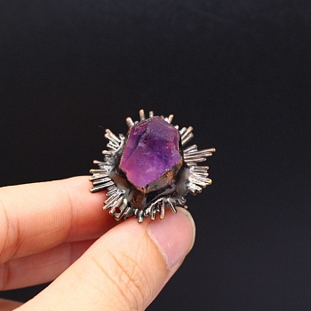 Natural Amethyst Sun Open Cuff Rings, Red Copper Brass Ring, US Size 8(18.1mm), surface: 31x28mm