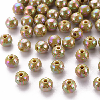 Opaque Acrylic Beads, AB Color Plated, Round, Dark Goldenrod, 8x7mm, Hole: 2mm, about 1745pcs/500g