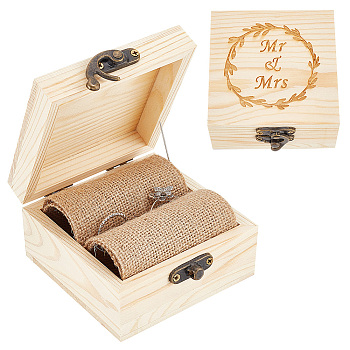 Square Wooden Finger Ring Storage Boxs, Word MR & MRS Engraved Ring Gift Case with Burlap Mat, Lemon Chiffon, 9.6x9x5cm