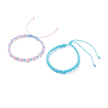 2Pcs 2 Colors Peach Blossom Braided Cord Bracelet, Friendship Lucky Adjustable Bracelet for Women, Light Sky Blue, Inner Diameter: 2-1/4 inch(5.6cm)~4-1/4 inch(10.9cm)