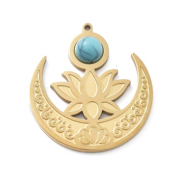 304 Stainless Steel Pave Synthetic Turquoise Pendants, Lotus Flower Moon Charms, Real 18K Gold Plated, 27x25x4mm, Hole: 1mm