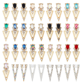 36Pcs 18 Style Alloy Rhinestones Cabochons, Nail Art Decoration Accessories, Arrows & Triangle, Mixed Color, 17~18.5x7~7.5x3~5mm, 2pcs/style