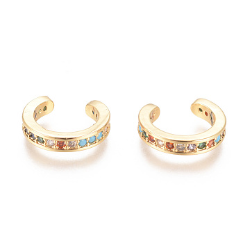 Golden Plated Brass Micro Pave Cubic Zirconia Cuff Earrings, Long-Lasting Plated, Colorful, 14x13x2.5mm
