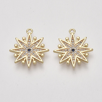 Brass Micro Pave Cubic Zirconia Pendants, Snowflake, Clear & Blue, Nickel Free, Real 18K Gold Plated, 18.5x17x1.5mm, Hole: 1.2mm