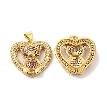 Brass Micro Pave Cubic Zirconia Pendants, Heart with Bear Charms, Golden, Camellia, 22x22.5x5.5mm, Hole: 5x3.5mm
