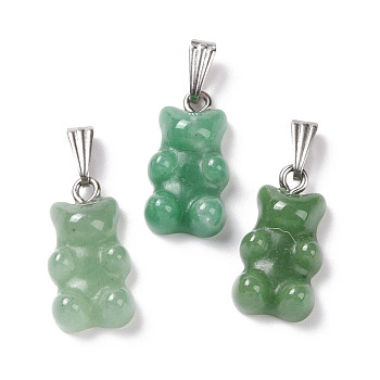 Natural Green Aventurine Pendants, with Stainless Steel Color Tone 201 Stainless Steel Findings, Bear, 27.5mm, Hole: 2.5x7.5mm, Bear: 21x11x6.5mm