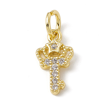 Brass Micro Pave Cubic Zirconia Charms, with Jump Rings, Crown Key with Star Charms, Real 18K Gold Plated, 12x7x1.5mm, Hole: 3.4mm
