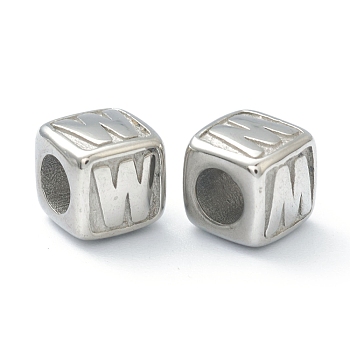 304 Stainless Steel European Beads, Large Hole Beads, Horizontal Hole, Cube with Letter, Stainless Steel Color, Letter.W, 8x8x8mm, Hole: 4mm