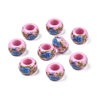 Flower Printed Opaque Acrylic Rondelle Beads, Large Hole Beads, Pink, 15x9mm, Hole: 7mm