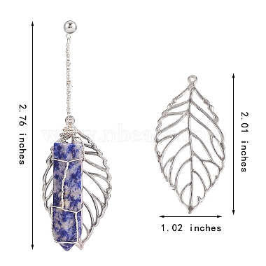 Natural Sodalite Bullet & Leaf Dangle Stud Earrings(EJEW-PH01406-03)-7