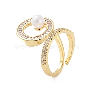 Rack Plating Brass Micro Pave Cubic Zirconia Open Cuff Rings, with Plastic Imitation Pearl, Cadmium Free & Lead Free, Long-Lasting Plated, Flat Round, Real 18K Gold Plated, US Size 7(17.3mm)(RJEW-M168-05G)
