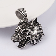 316 Surgical Stainless Steel Pendants, Wolf, Antique Silver, 29x34x8mm, Hole: 7x12mm(STAS-L186-096AS)