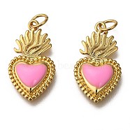 Golden Tone Brass Enamel Pendants, with Jump Rings, Long-Lasting Plated, Heart, Pearl Pink, 22x12x3mm, Hole: 3.5mm(X-KK-K750-01G-C)