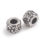 304 Stainless Steel Beads, Large Hole Beads, Column with Fleur De Lis, Antique Silver, 9x6.5mm, Hole: 4.5mm(X-STAS-F237-24AS)