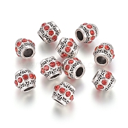 Tibetan Style Alloy European Beads, Large Hole Beads, with Rhinestone, Barrel, Antique Silver, Siam, 10x10mm, Hole: 5mm(MPDL-G031-04AS)