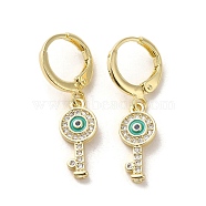 Key with Evil Eye Real 18K Gold Plated Brass Dangle Leverback Earrings, with Enamel and Cubic Zirconia, Dark Turquoise, 29.5x7mm(EJEW-Q797-03G-01)