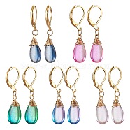 Brass Dangle Leverback Earrings, Glass Teardrop Drop Earrings, Mixed Color, 36x8.5mm(EJEW-JE05635)