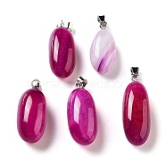 Natural Agate Dyed Pendants, Oval Charms with Stainless Steel Color Plated Stainless Steel Snap on Bails, Fuchsia, 21~32x9.5~16.5x10.5x7.5~12.5mm, Hole: 6x3mm(G-Q016-03E)