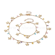Brass Charms Bracelet & Necklace Jewelry Sets, with Brass Bar Link Chains and Heart Glass Charms, Starfish, Golden, 16 inch(40.5cm), 7-1/4 inch(18.5cm)(SJEW-JS01161)