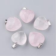 Natural Rose Quartz Pendants, with Platinum Tone Alloy Findings, Heart, 22~23x20~21x9~10mm, Hole: 2.5x5.5mm(G-S219-16F)
