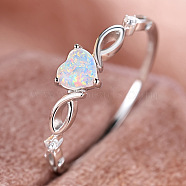 Alloy Finger Rings, with Brass Micro Pave Cubic Zirconia and Opal Finding, Heart, US Size 8(18.1mm)(FS-WGB42E9-20)