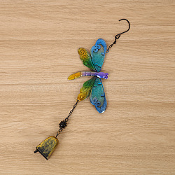 Dragonfly Glass Wind Chimes, Pendant Decorations, with Iron Findings, Dodger Blue, 380x105mm(PW23011116125)