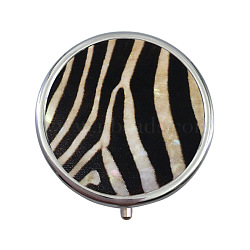 Portable Stainless Steel Pill Box, with Shell and Mirror, 3 Grids Multi-use Travel Storage Boxes, Flat Round, Zebra-Stripe, 5x1.4cm(CON-B011-18)