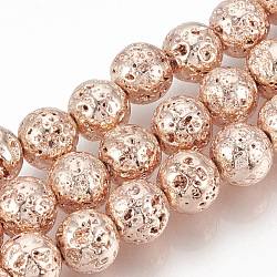 Electroplated Natural Lava Rock Beads Strands, Round, Bumpy, Rose Gold Plated, 12~13mm, Hole: 1mm, about 31pcs/strand, 15.7 inch(G-T061-55C-12mm)