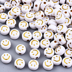 Plated Acrylic Beads, Flat Round with Smiling Face, Golden Metal Enlaced, White, 7x3.5mm, Hole: 1.5mm, about 410pcs/50g(X-MACR-S369-002)