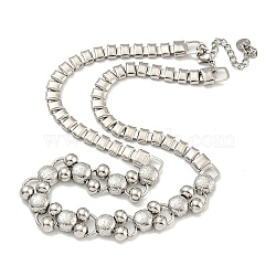 Non-Tarnish 304 Stainless Steel Rectangle & Round Ball Link Chain Necklaces, Stainless Steel Color, 16.54 inch(42cm), 12mm(NJEW-S431-03P)