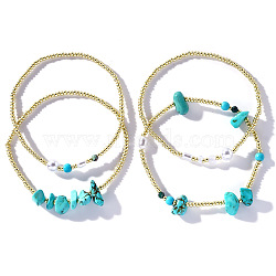 Synthetic Turquoise Chip & Imitaiton Pearl Beaded Stretch Bracelet Sets, Summer Beach Stackable Bracelets for Women(FY1576)