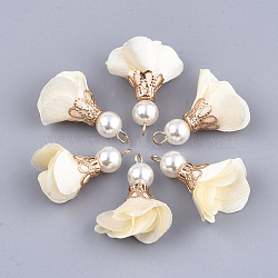 Iron Pendants, with Cloth and ABS Plastic Imitation Pearl, Flower, Golden, Beige, 25~32x15~25mm, Hole: 1~4mm(FIND-T033-07W)