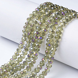 Electroplate Transparent Glass Beads Strands, Half Rainbow Plated, Faceted, Rondelle, Dark Khaki, 6x5mm, Hole: 1mm, about 83~85pcs/strand, 38~39cm(EGLA-A034-T6mm-F02)