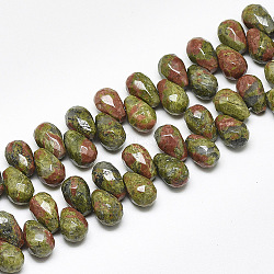 Natural Unakite Beads Strands, Top Drilled Beads, Faceted, Teardrop, 11.5~12x8mm, Hole: 0.8mm, about 40pcs/strand, 8.2 inch(G-S357-C01-04)