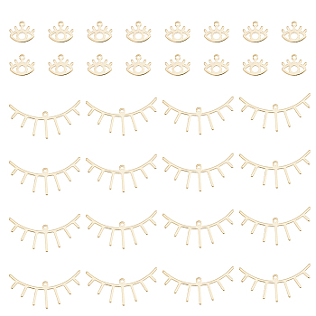 32Pcs 2 Style Brass Pendants, Eyelash/Eye Charms, Real 24K Gold Plated, 18x35x0.7mm and 10.5x12.5x0.8mm, Hole: 1.4mm, 16pcs/style