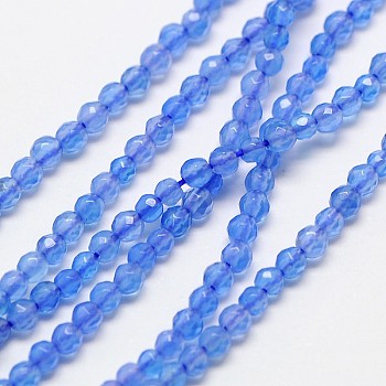 Natural Blue Agate Beads Strands, Faceted Round, Dyed, Cornflower Blue, 3mm, Hole: 0.8mm, about 131pcs/strand, 15.5 inch