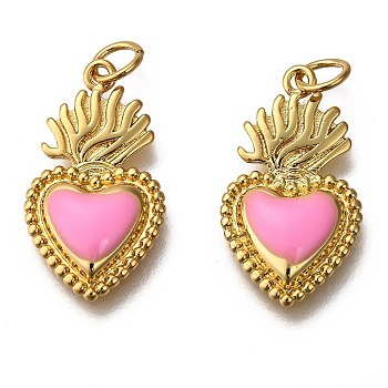Golden Tone Brass Enamel Pendants, with Jump Rings, Long-Lasting Plated, Heart, Pearl Pink, 22x12x3mm, Hole: 3.5mm