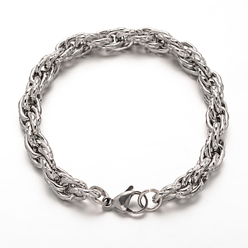 304 Stainless Steel Rope Chains Bracelets, with Lobster Claw Clasps, Stainless Steel, 8-1/4 inch(210mm)